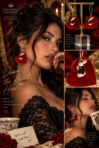 Red heart earrings with White Rabbit charms and gold hoops by Her Royal Madness