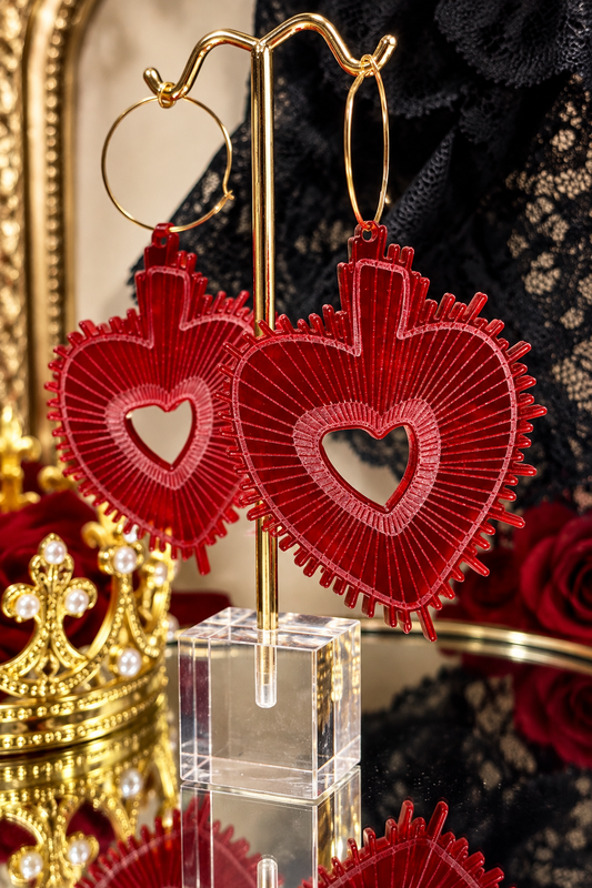 Sacred Heart Earrings, red heart earrings, heart earrings, red statement earrings, oversized earrings, acrylic earrings, translucent earrings, Queen of Hearts earrings, gothic earrings, maximalist earrings, romantic jewelry, bold earrings, red jewelry, Queen's Wardrum, Her Royal Madness