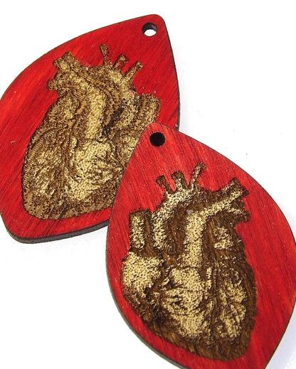 Anatomical Heart Earrings: Laser Cut Wood, Valentine's Day Jewelry