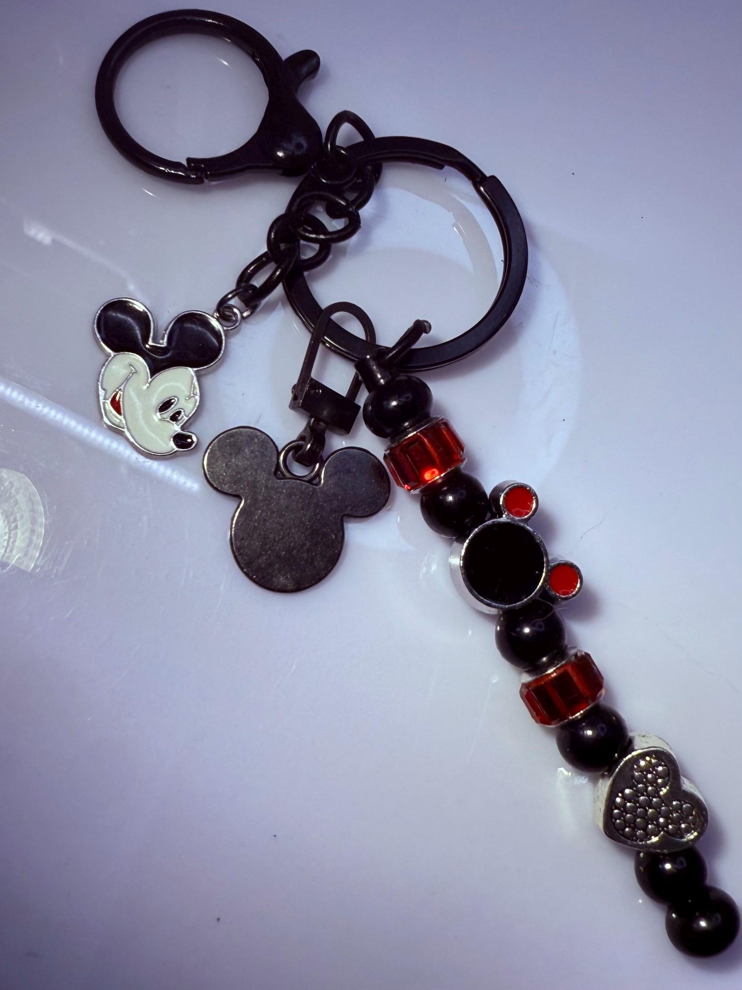 Black Mickey Mouse Charm Keychain  Red & Black Beaded Strand, Multiple Disney Charms, Handmade Disney Bag Accessory