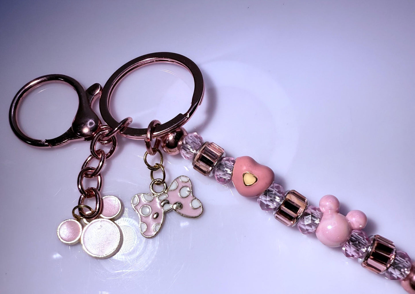 Rose Gold Pink Mickey & Minnie Beaded Keychain  Pastel Disney-Inspired Charm with Crystal Beads, Minnie Bow Heart Beads
