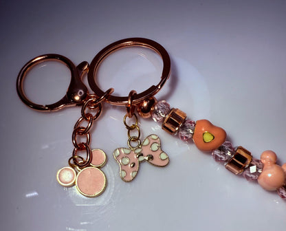 Rose Gold Pink Mickey & Minnie Beaded Keychain  Pastel Disney-Inspired Charm with Crystal Beads, Minnie Bow Heart Beads
