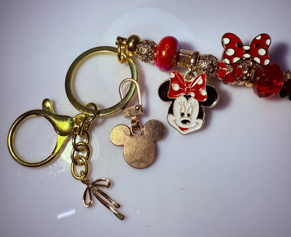 Gold Minnie Mouse Keychain: Red Polka Dot Bow, Crystal Beads