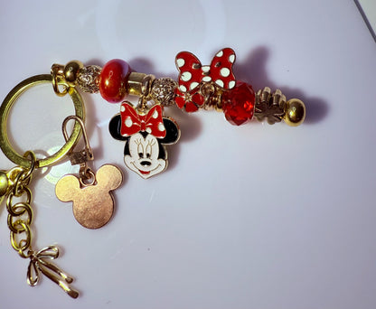 Gold Minnie Mouse Keychain: Red Polka Dot Bow, Crystal Beads