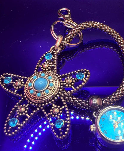 Blue Jeweled Starfish Bag Charm with Mini Watch  Coastal Ocean Purse Accessory & Nautical Gift