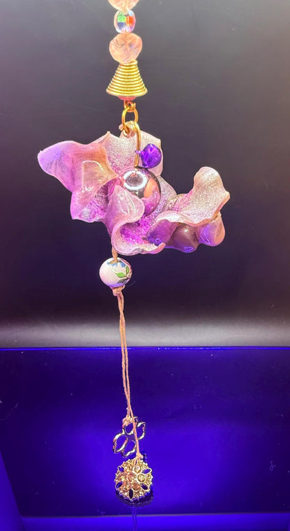 Sea Glass Bag Charm: Blue & Purple Flower, Jeweled Starfish Tassel
