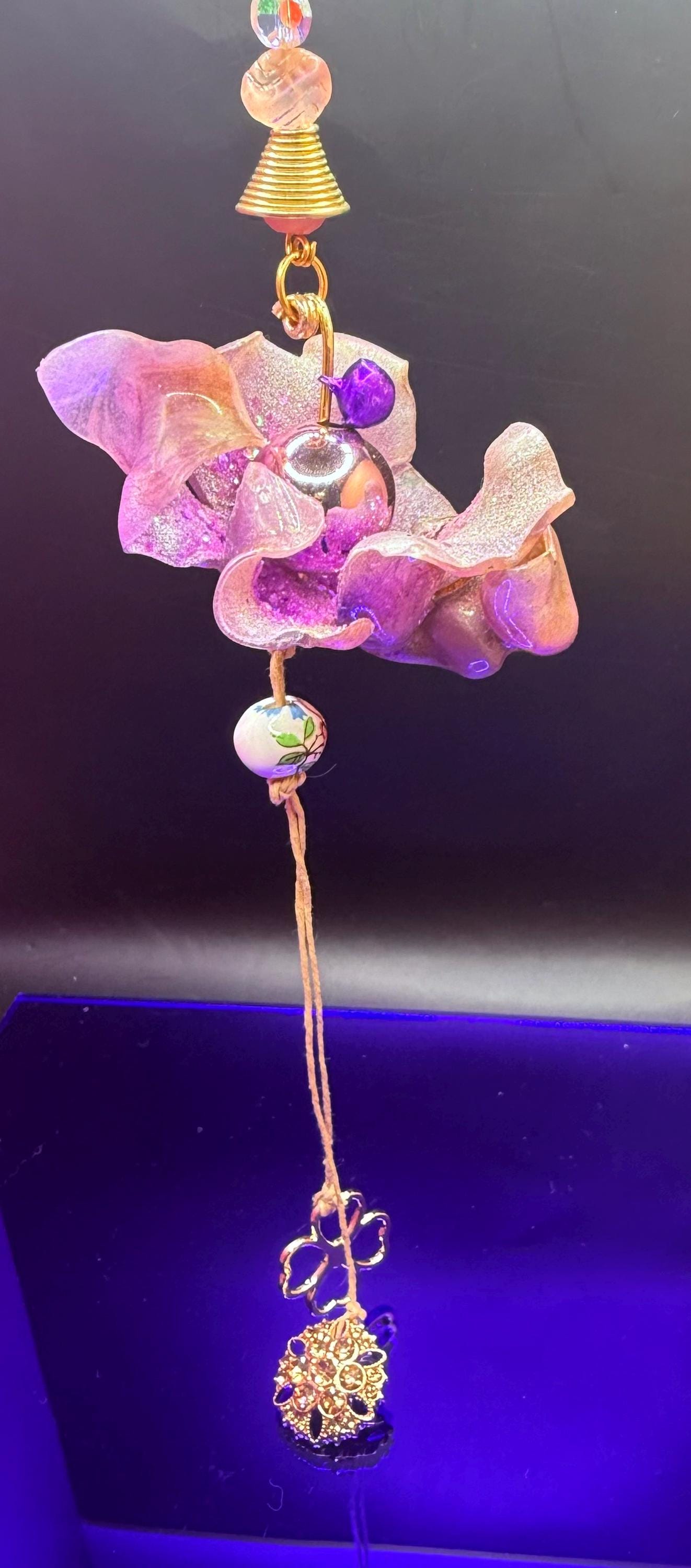 Sea Glass Bag Charm: Blue & Purple Flower, Jeweled Starfish Tassel