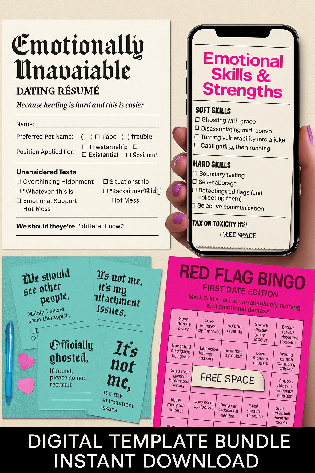 Lustiges Dating-Lebenslauf-Vorlagen-Paket: Trennungskarten, Rote-Flaggen-Bingo (Sofort-Download)