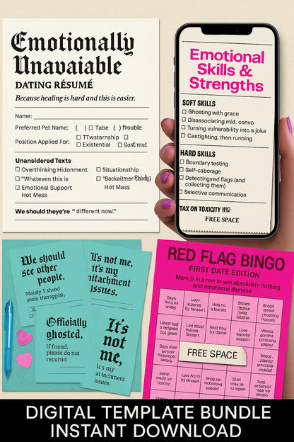 Lustiges Dating-Lebenslauf-Vorlagen-Paket: Trennungskarten, Rote-Flaggen-Bingo (Sofort-Download)