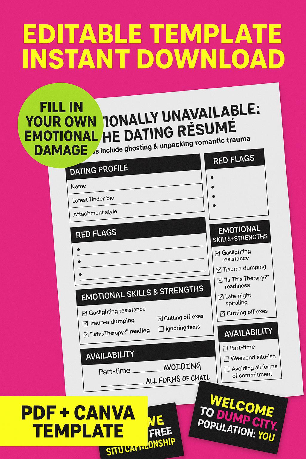 Lustiges Dating-Lebenslauf-Vorlagen-Paket: Trennungskarten, Rote-Flaggen-Bingo (Sofort-Download)