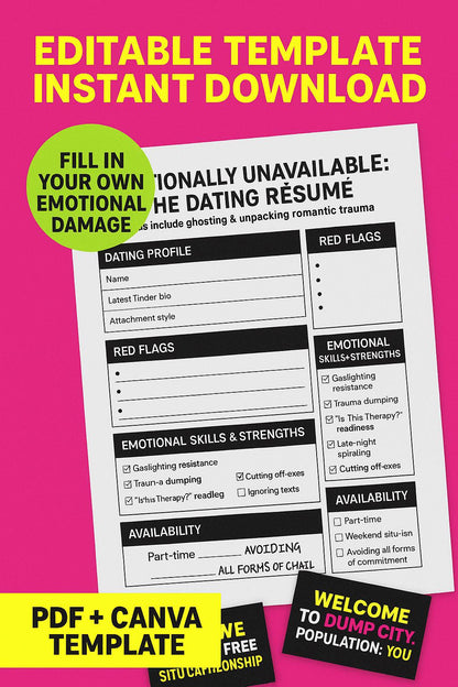 Lustiges Dating-Lebenslauf-Vorlagen-Paket: Trennungskarten, Rote-Flaggen-Bingo (Sofort-Download)