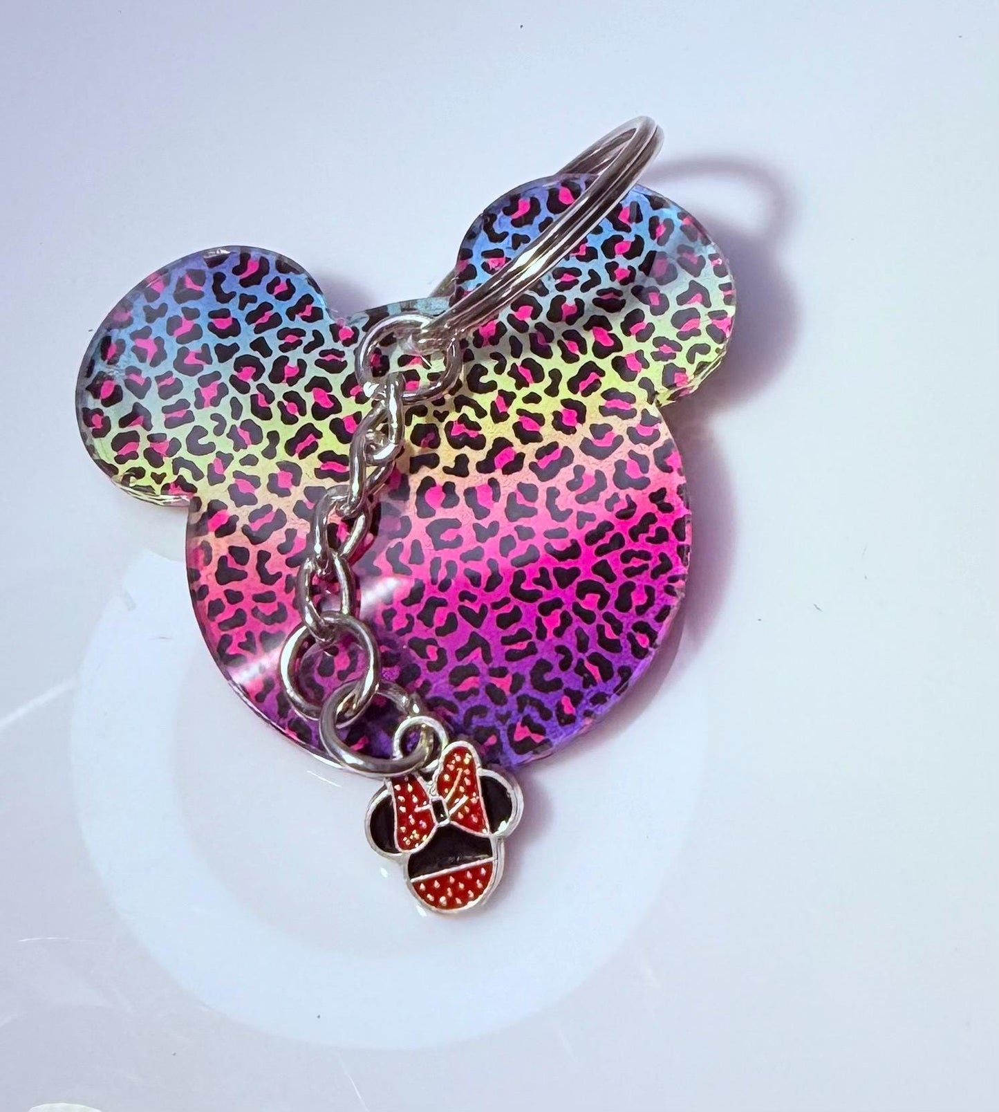 Rainbow Leopard Mickey Keychain: Disney-Inspired Bag Charm with Minnie Bow