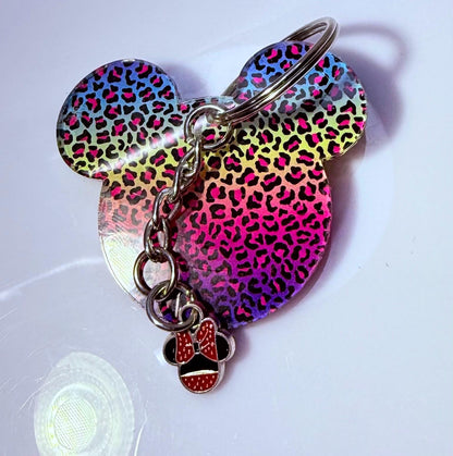 Rainbow Leopard Mickey Keychain: Disney-Inspired Bag Charm with Minnie Bow