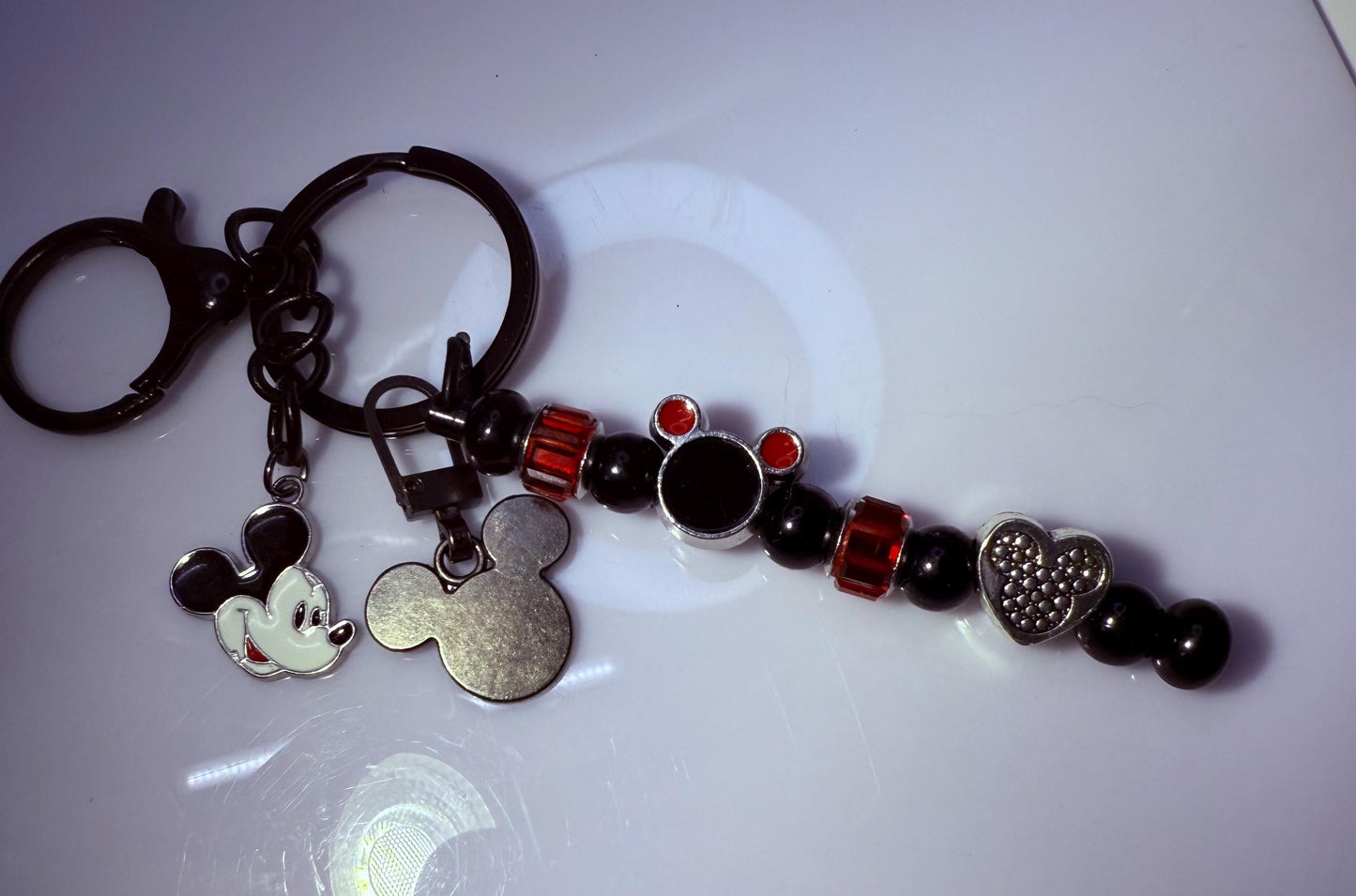 Black Mickey Mouse Charm Keychain  Red & Black Beaded Strand, Multiple Disney Charms, Handmade Disney Bag Accessory