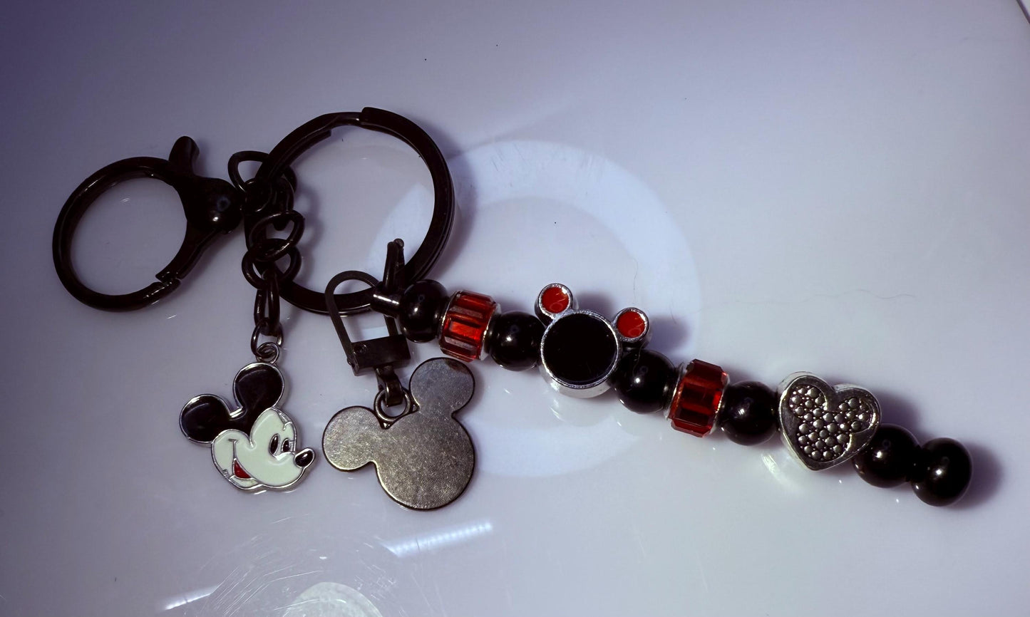 Black Mickey Mouse Charm Keychain  Red & Black Beaded Strand, Multiple Disney Charms, Handmade Disney Bag Accessory