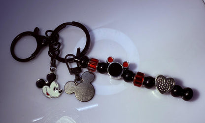 Black Mickey Mouse Charm Keychain  Red & Black Beaded Strand, Multiple Disney Charms, Handmade Disney Bag Accessory