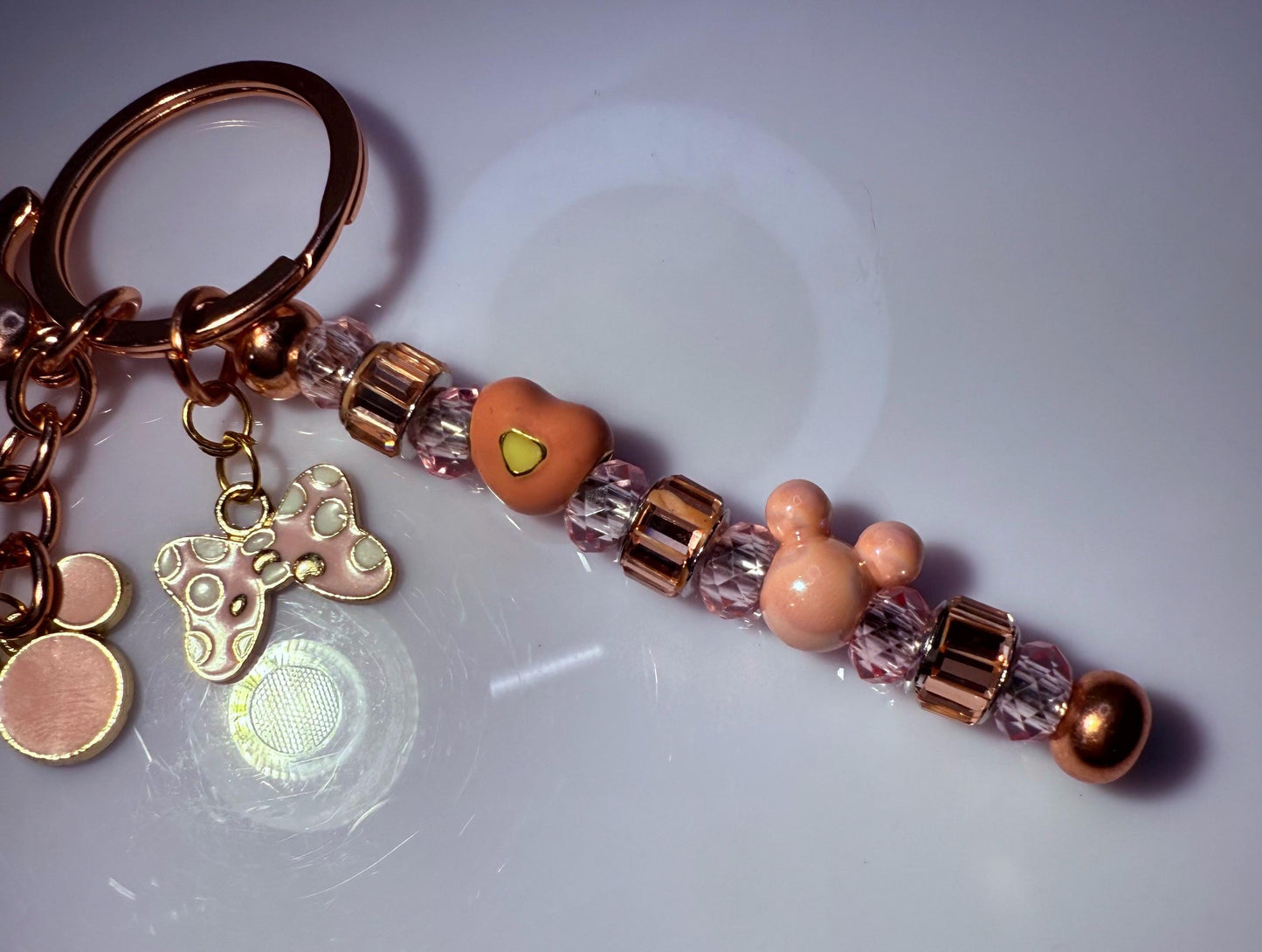 Rose Gold Pink Mickey & Minnie Beaded Keychain  Pastel Disney-Inspired Charm with Crystal Beads, Minnie Bow Heart Beads