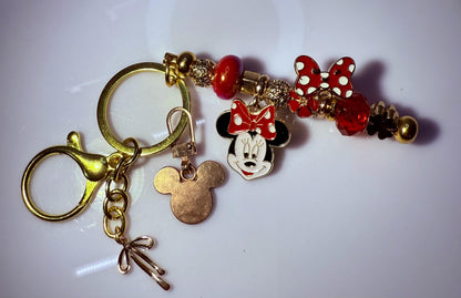 Gold Minnie Mouse Keychain: Red Polka Dot Bow, Crystal Beads