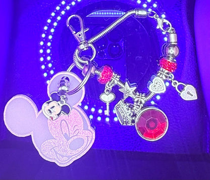 Pink Iridescent Mickey Keychain  Winking Mickey Face Engraved Acrylic Charm with Dangling Enamel Mickey, Disney-Inspired Bag Charm