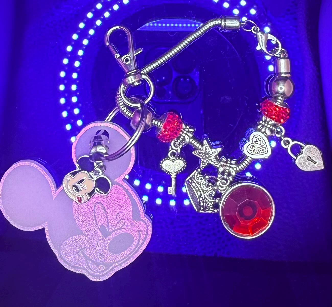 Pink Iridescent Mickey Keychain  Winking Mickey Face Engraved Acrylic Charm with Dangling Enamel Mickey, Disney-Inspired Bag Charm