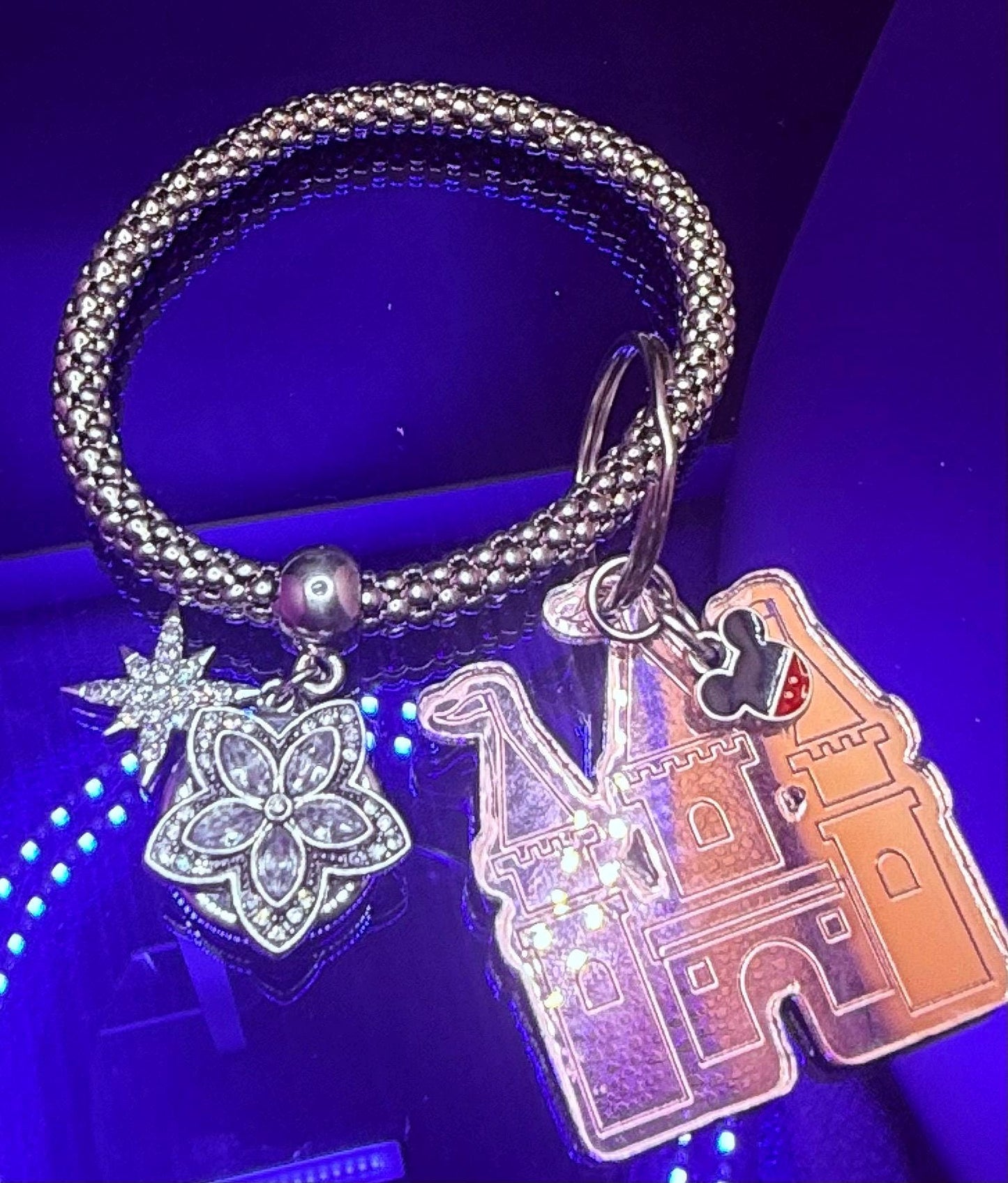 Rose Gold Castle Keychain  Disney-Inspired Engraved Acrylic Charm with Mickey Head Accent, Mirrored Bag Charm