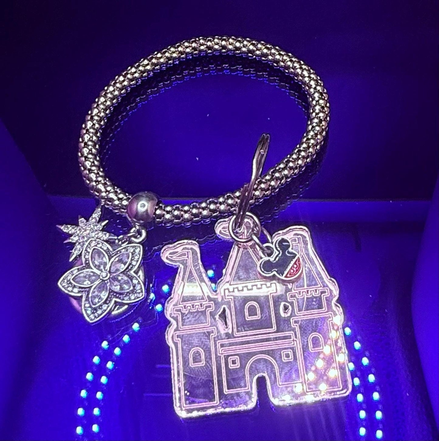 Rose Gold Castle Keychain  Disney-Inspired Engraved Acrylic Charm with Mickey Head Accent, Mirrored Bag Charm