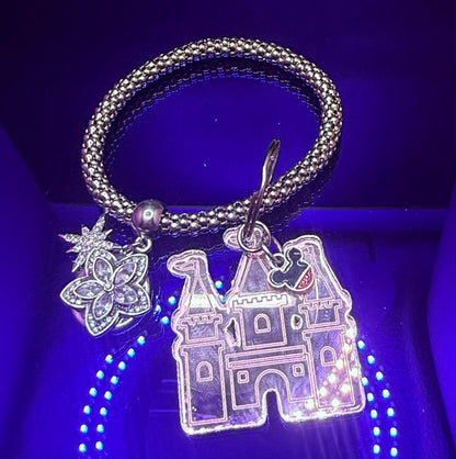 Rose Gold Castle Keychain  Disney-Inspired Engraved Acrylic Charm with Mickey Head Accent, Mirrored Bag Charm