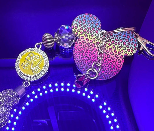 Rainbow Leopard Mickey Keychain: Disney-Inspired Bag Charm with Minnie Bow