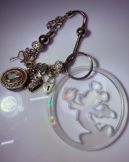 Clear Iridescent Mickey & Minnie Silhouette Keychain  Disney-Inspired Acrylic Round Charm, Minimalist Couple Bag Accessory