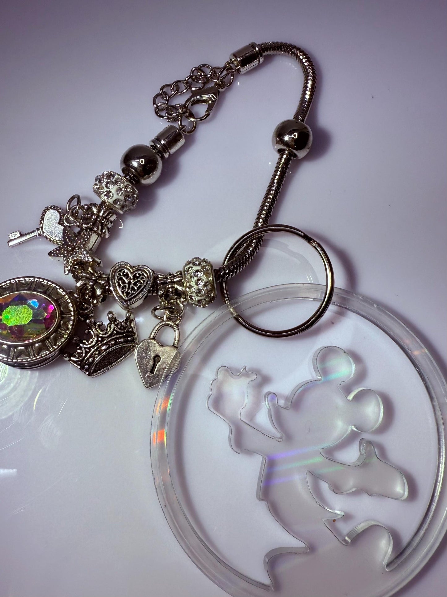 Clear Iridescent Mickey & Minnie Silhouette Keychain  Disney-Inspired Acrylic Round Charm, Minimalist Couple Bag Accessory