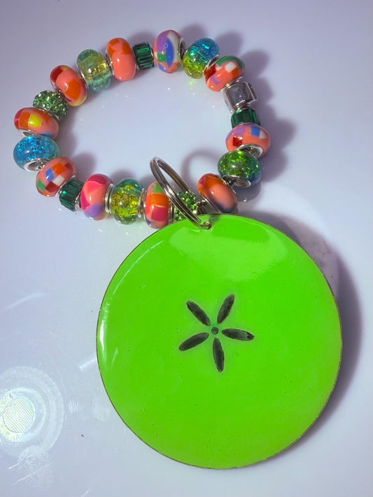 Neon Green Sand Dollar Keychain: Beaded Wood & Resin Beach Bag Charm