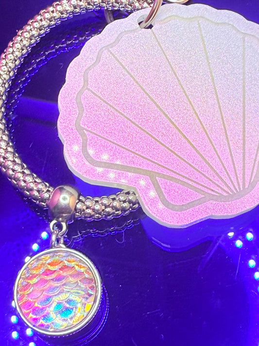 Pink Seashell Bag Charm: Iridescent Mermaid Scale Pendant, Coastal Purse Accessory