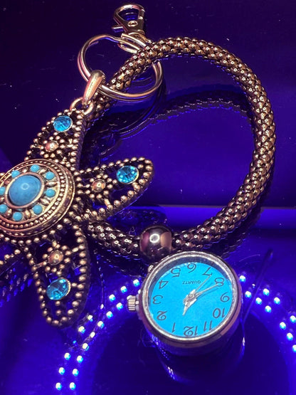 Blue Jeweled Starfish Bag Charm with Mini Watch  Coastal Ocean Purse Accessory & Nautical Gift