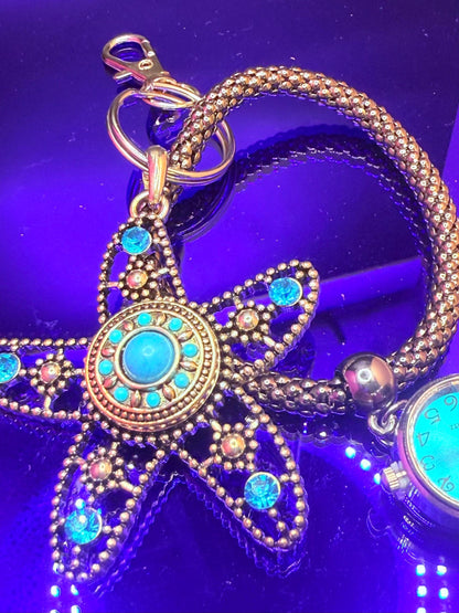 Blue Jeweled Starfish Bag Charm with Mini Watch  Coastal Ocean Purse Accessory & Nautical Gift