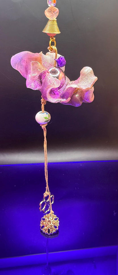 Sea Glass Bag Charm: Blue & Purple Flower, Jeweled Starfish Tassel