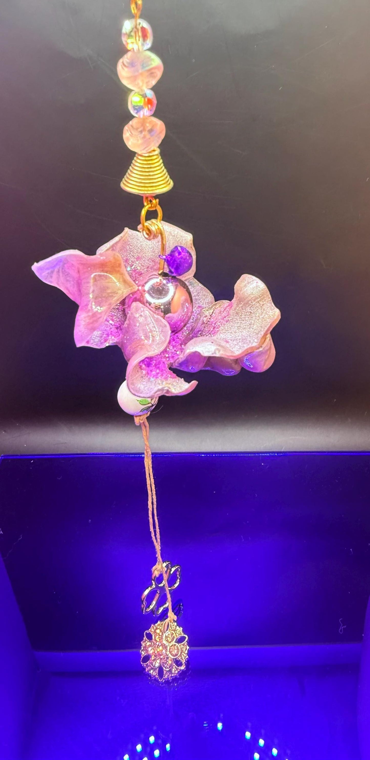 Sea Glass Bag Charm: Blue & Purple Flower, Jeweled Starfish Tassel