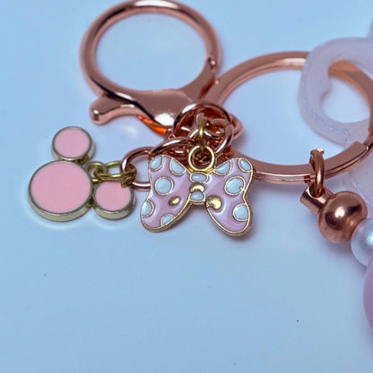 Disney Inspired Key Pink Glitter Key Bag Charm  Acrylic Purse Charm with Pearl and Bead Accents