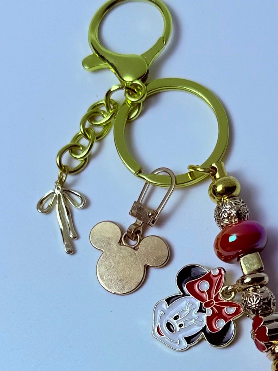 Gold Minnie Mouse Keychain: Red Polka Dot Bow, Crystal Beads