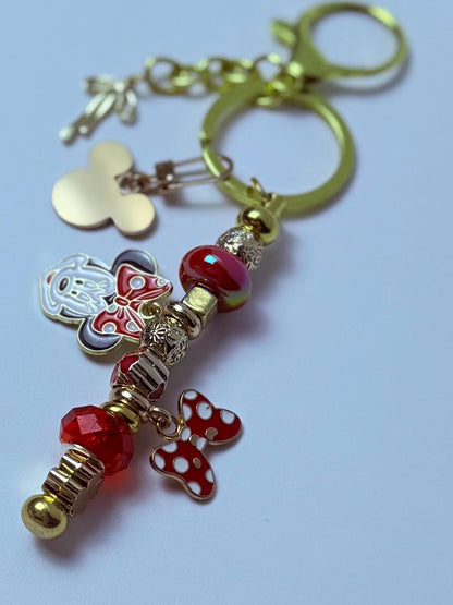 Gold Minnie Mouse Keychain: Red Polka Dot Bow, Crystal Beads