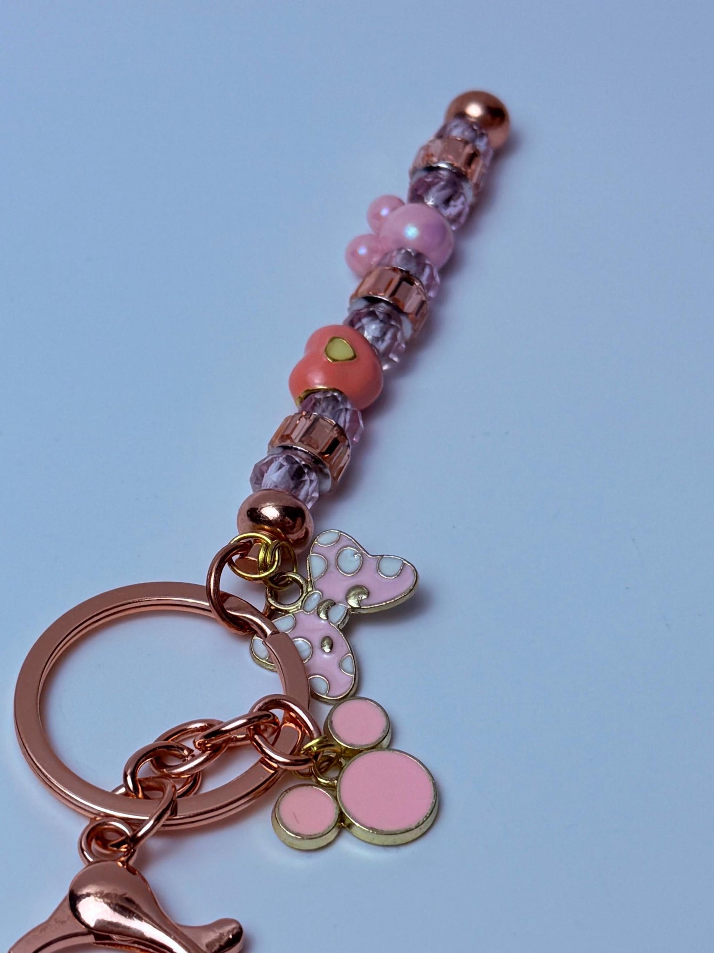 Rose Gold Pink Mickey & Minnie Beaded Keychain  Pastel Disney-Inspired Charm with Crystal Beads, Minnie Bow Heart Beads