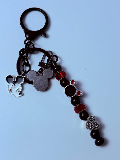 Black Mickey Mouse Charm Keychain  Red & Black Beaded Strand, Multiple Disney Charms, Handmade Disney Bag Accessory