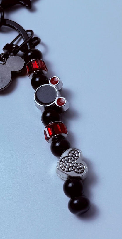 Black Mickey Mouse Charm Keychain  Red & Black Beaded Strand, Multiple Disney Charms, Handmade Disney Bag Accessory