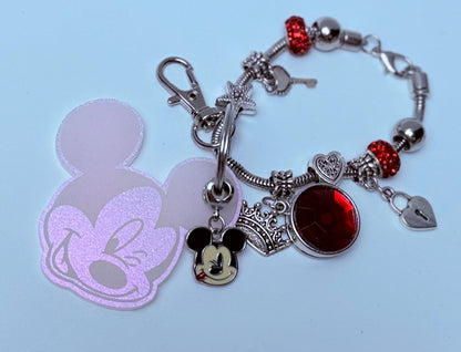 Pink Iridescent Mickey Keychain  Winking Mickey Face Engraved Acrylic Charm with Dangling Enamel Mickey, Disney-Inspired Bag Charm