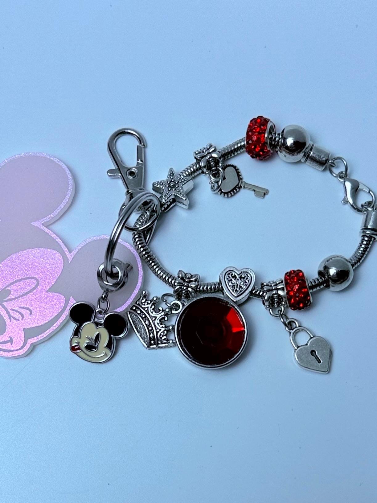 Pink Iridescent Mickey Keychain  Winking Mickey Face Engraved Acrylic Charm with Dangling Enamel Mickey, Disney-Inspired Bag Charm