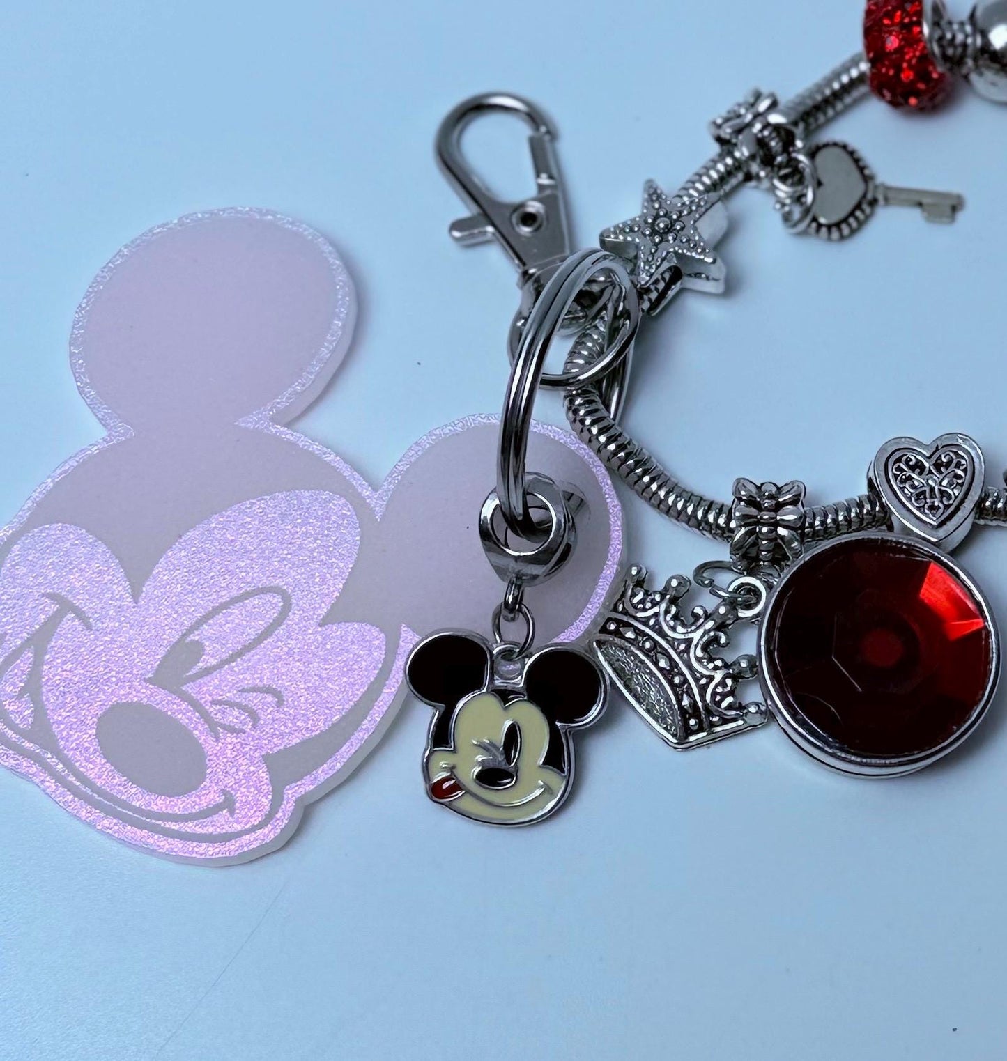 Pink Iridescent Mickey Keychain  Winking Mickey Face Engraved Acrylic Charm with Dangling Enamel Mickey, Disney-Inspired Bag Charm