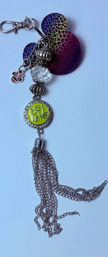 Rainbow Leopard Mickey Keychain: Disney-Inspired Bag Charm with Minnie Bow