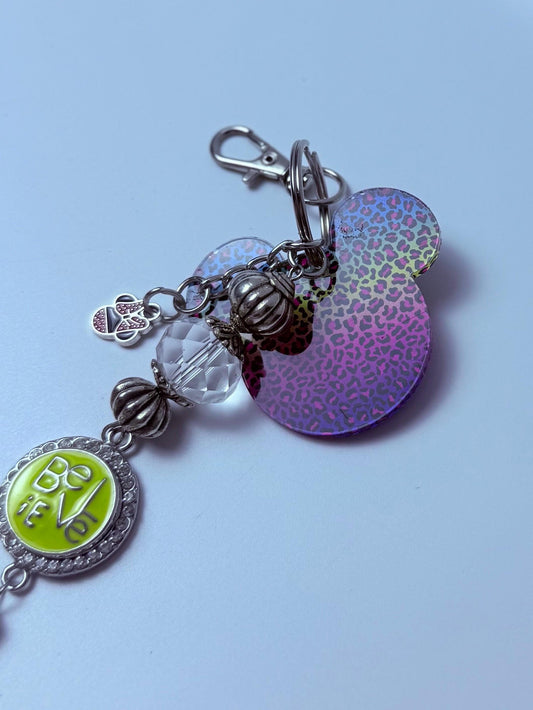 Rainbow Leopard Mickey Keychain: Disney-Inspired Bag Charm with Minnie Bow