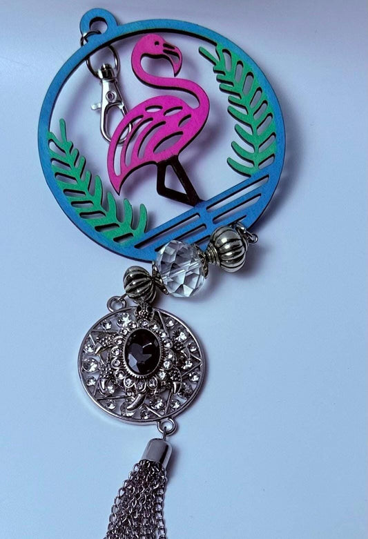 Pink Flamingo Bag Charm: Crystal Bead, Rhinestone Pendant & Tassel