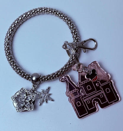 Rose Gold Castle Keychain  Disney-Inspired Engraved Acrylic Charm with Mickey Head Accent, Mirrored Bag Charm