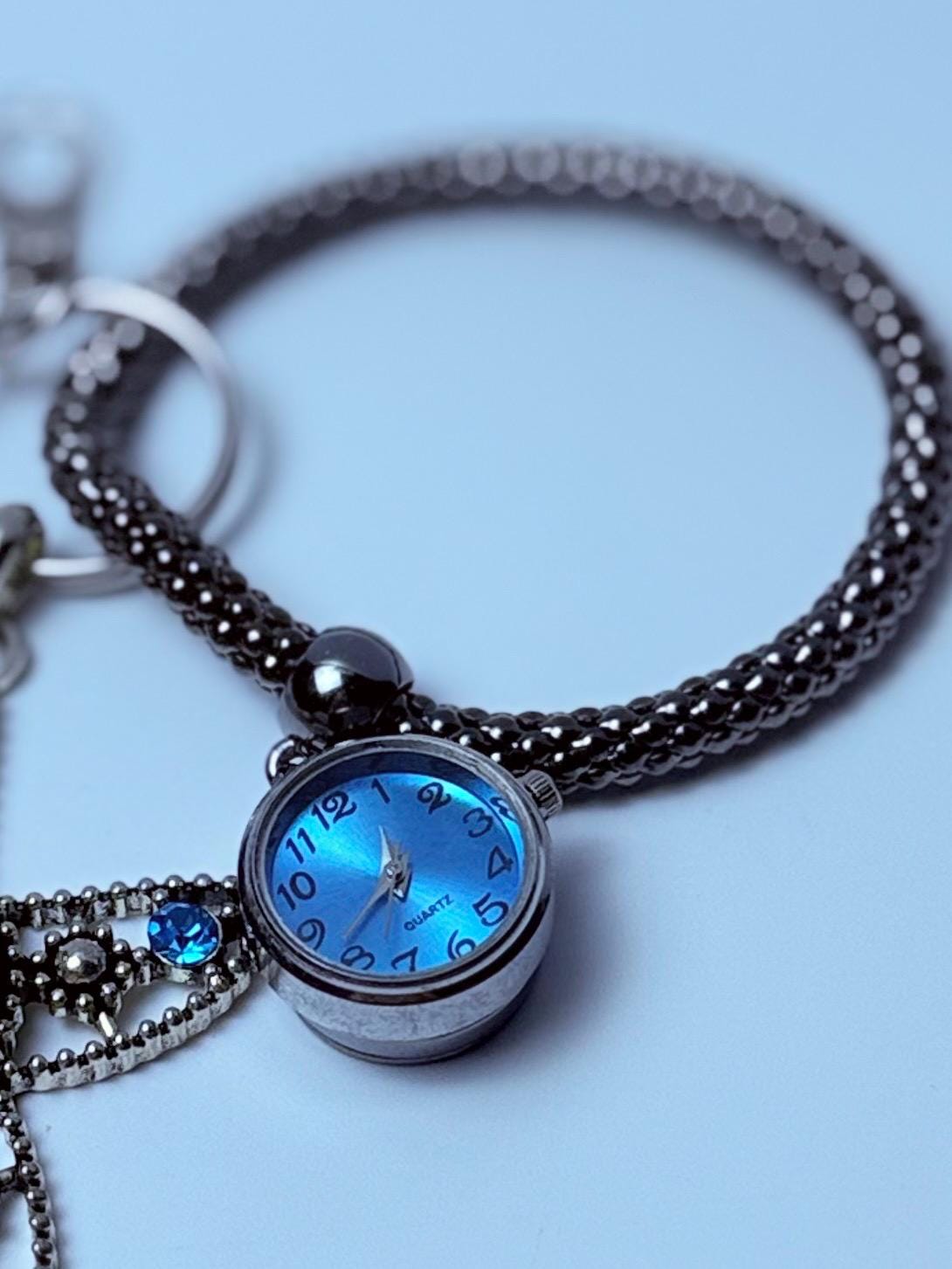 Blue Jeweled Starfish Bag Charm with Mini Watch  Coastal Ocean Purse Accessory & Nautical Gift